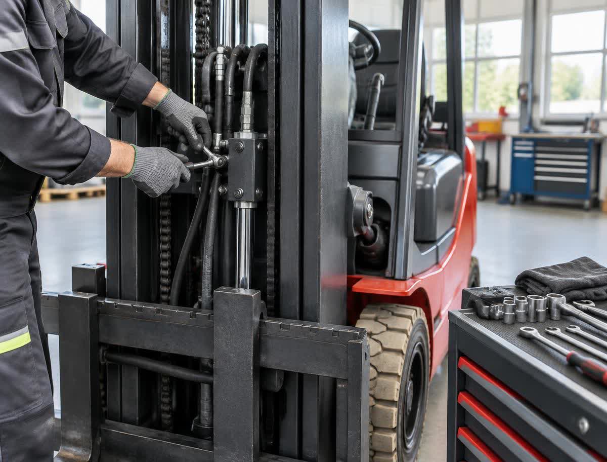 Técnico reparando el mástil de una carretilla elevadora